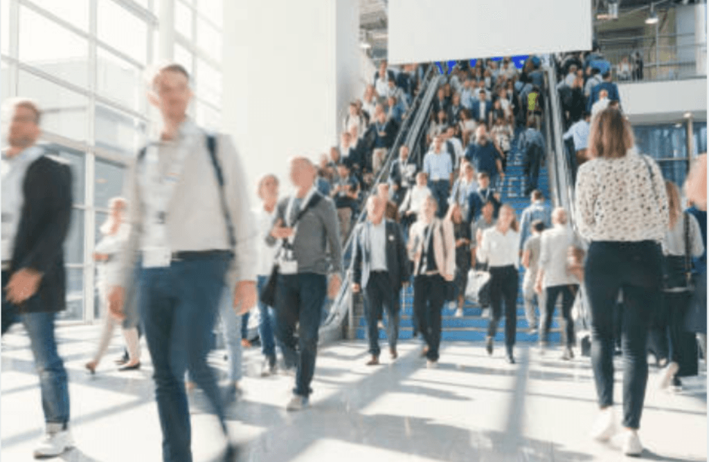 Visitors at a trade fair convention center